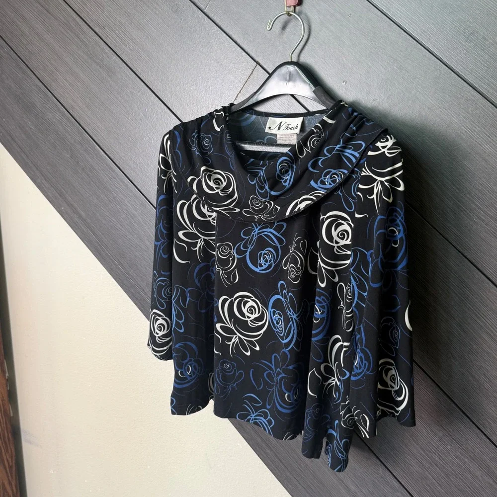 N Touch Vintage 90s Floral Cowl Neck 3/4 Sleeve Top Large Black Blue White